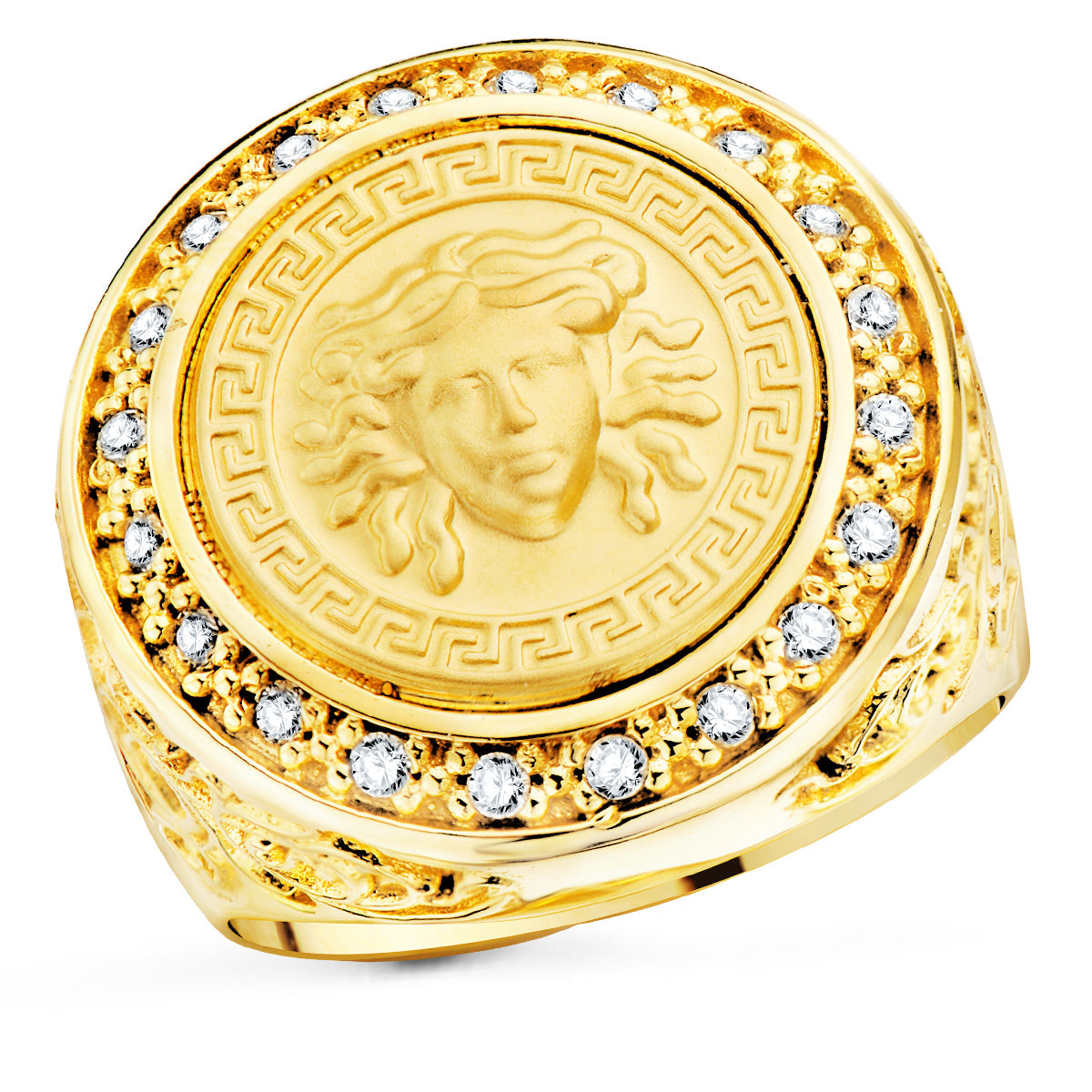 18K SELLO ORO AMARILLO MEDUSA VERSACE MATE 15 MM CON CIRCONITA ANCHO 21 MM