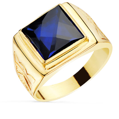 18K SELLO CUADRADO ORO AMARILLO MACIZO CON PIEDRA SPINEL ZAFIRO TALLA DAMERO 12 X 12 MM