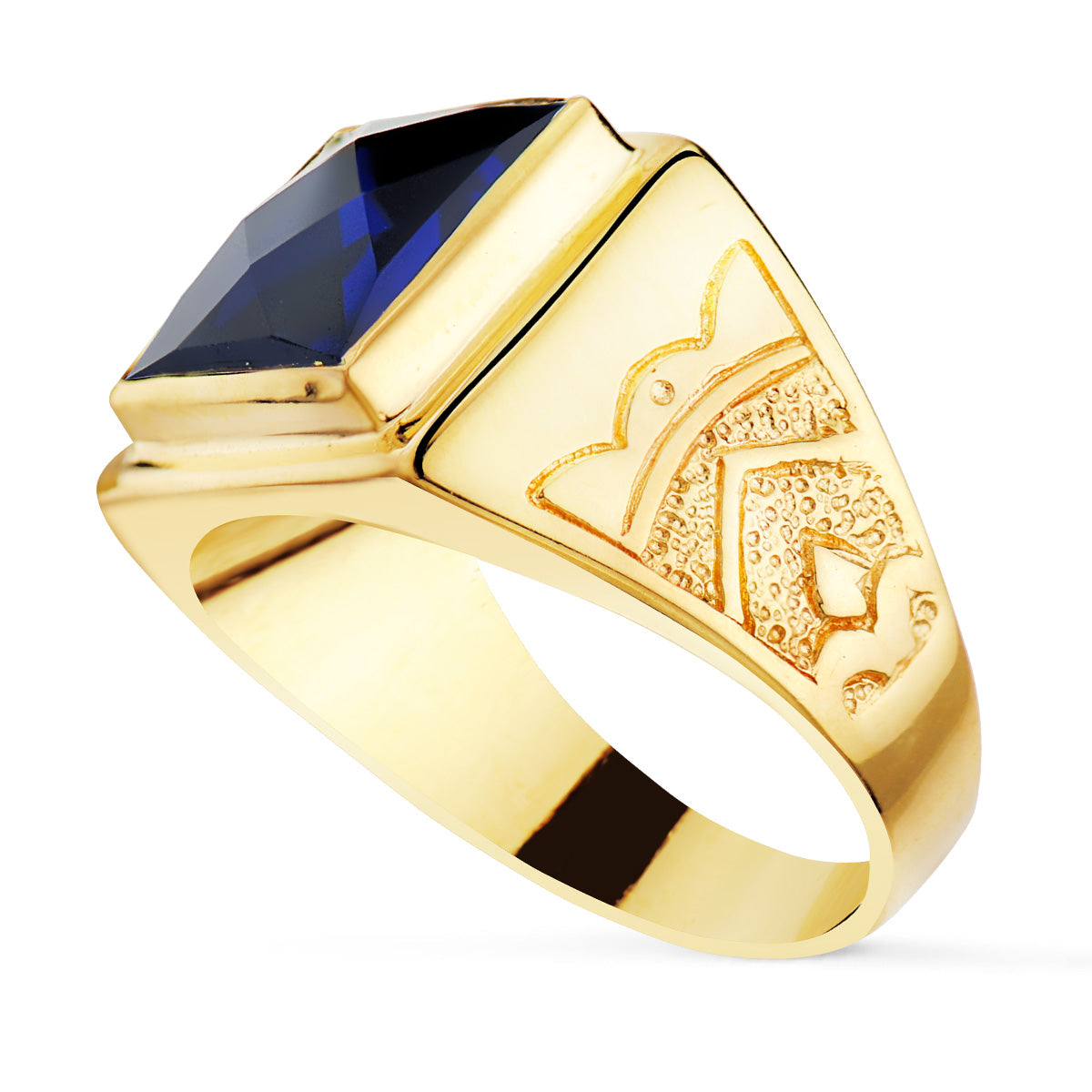 18K SELLO CUADRADO ORO AMARILLO MACIZO CON PIEDRA SPINEL ZAFIRO TALLA DAMERO 12 X 12 MM