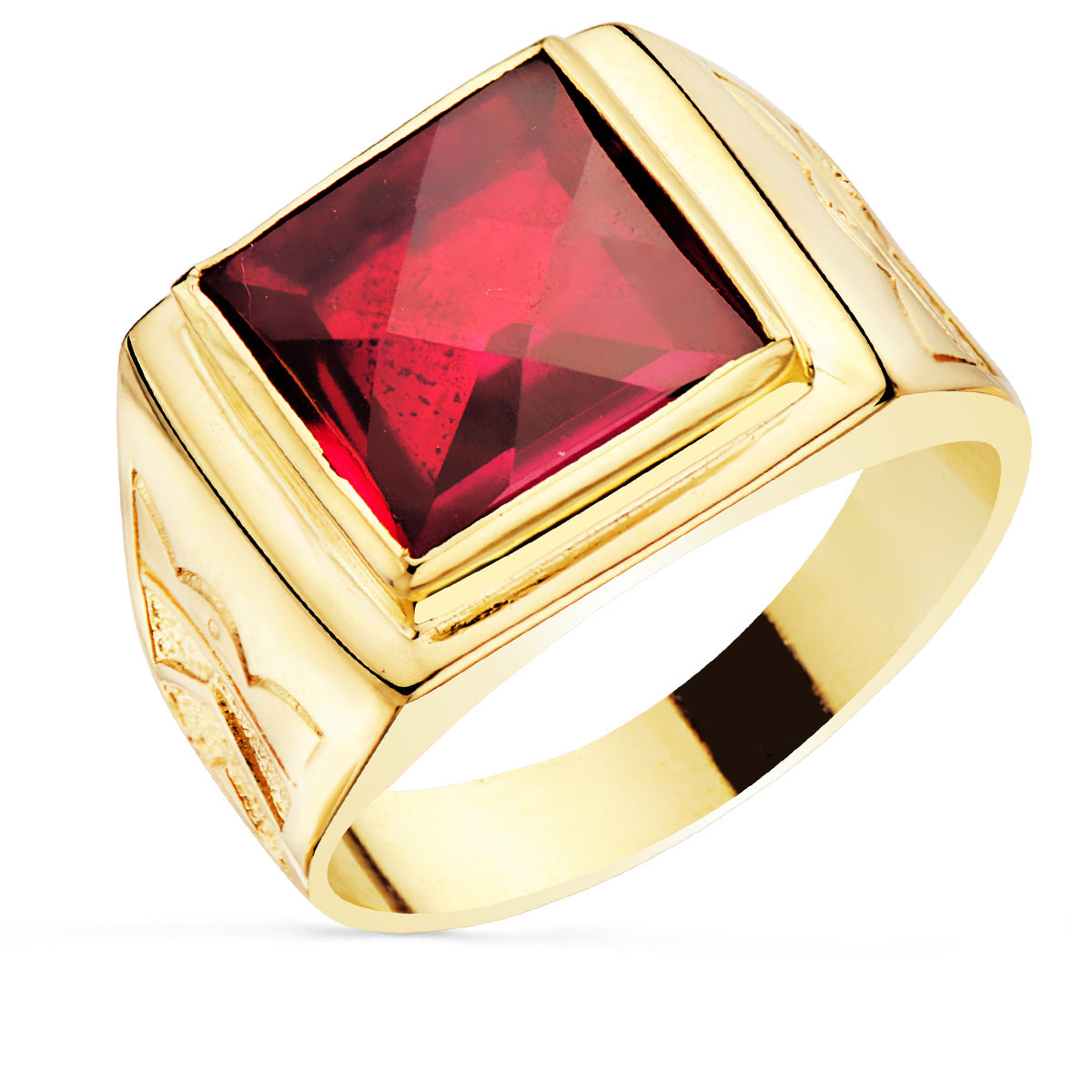 18K SELLO CUADRADO ORO AMARILLO MACIZO CON PIEDRA SPINEL RUBI TALLA DAMERO 12 X 12 MM