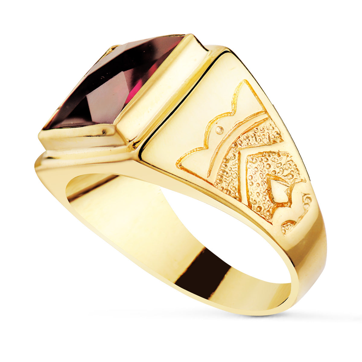 18K SELLO CUADRADO ORO AMARILLO MACIZO CON PIEDRA SPINEL RUBI TALLA DAMERO 12 X 12 MM