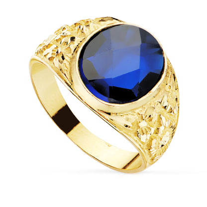 18K SELLO CABALLERO TALLADO ORO AMARILLO MACIZO PIEDRA SPINEL ZAFIRO AZUL OVAL 12 X 10 MM