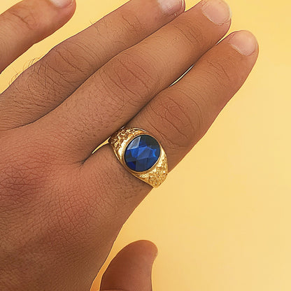 18K SELLO CABALLERO TALLADO ORO AMARILLO MACIZO PIEDRA SPINEL ZAFIRO AZUL OVAL 12 X 10 MM