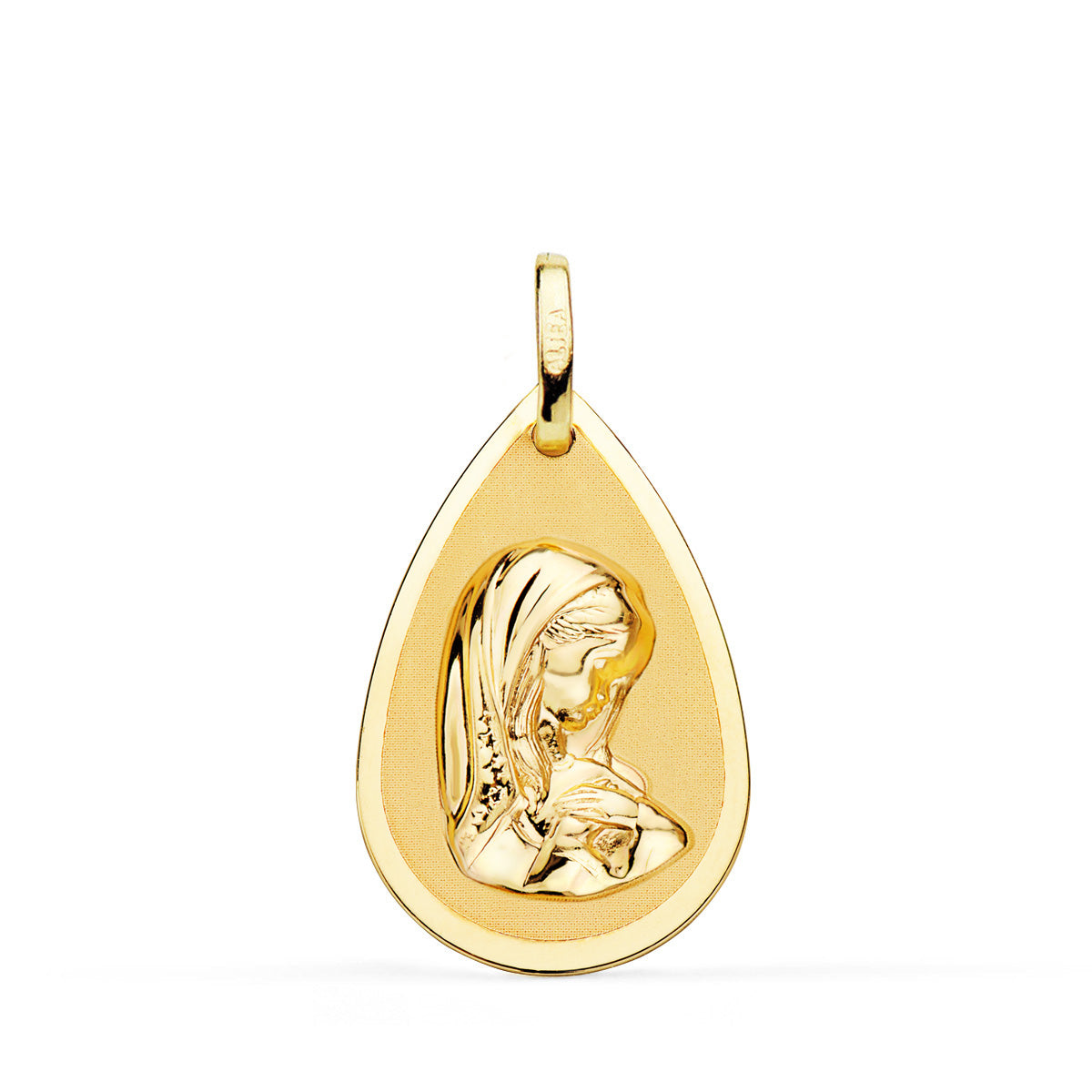 18K MEDALLA ORO AMARILLO VIRGEN NIÑA GOTA EN BRILLO Y MATE 23X15 MM