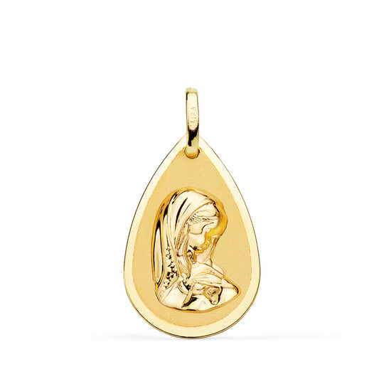 18K MEDALLA ORO AMARILLO VIRGEN NIÑA GOTA EN BRILLO Y MATE 23X15 MM