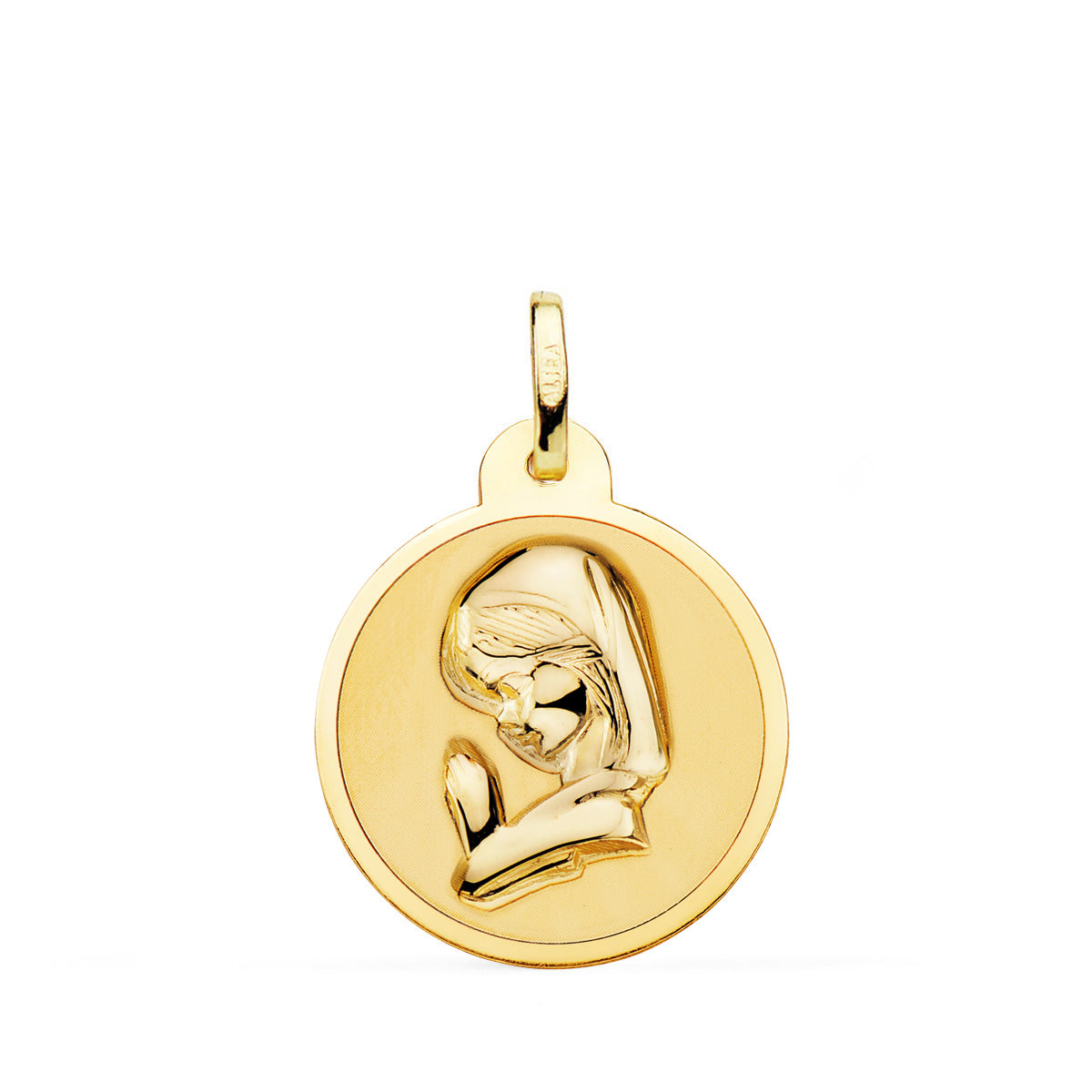 18K MEDALLA ORO AMARILLO VIRGEN NIÑA EN BRILLO 20 MM