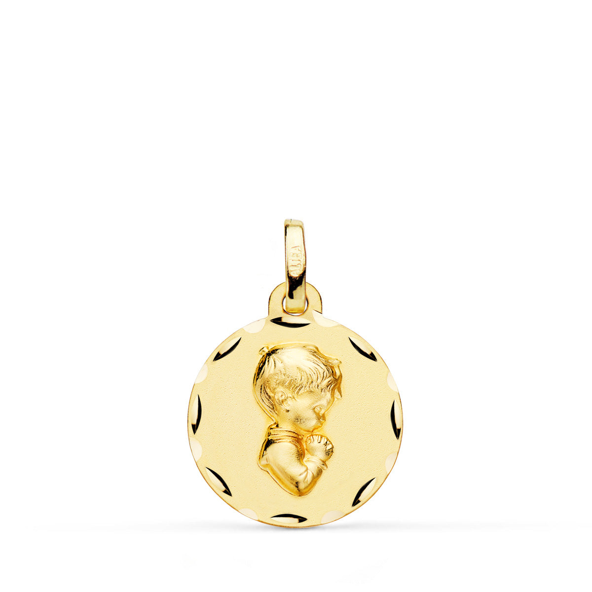 9K MEDALLA ORO AMARILLO NIÑO DE COMUNION PERFIL TALLADA 16 MM