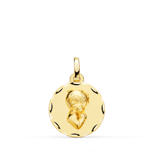 9K MEDALLA ORO AMARILLO NIÑO DE COMUNION PERFIL TALLADA 16 MM