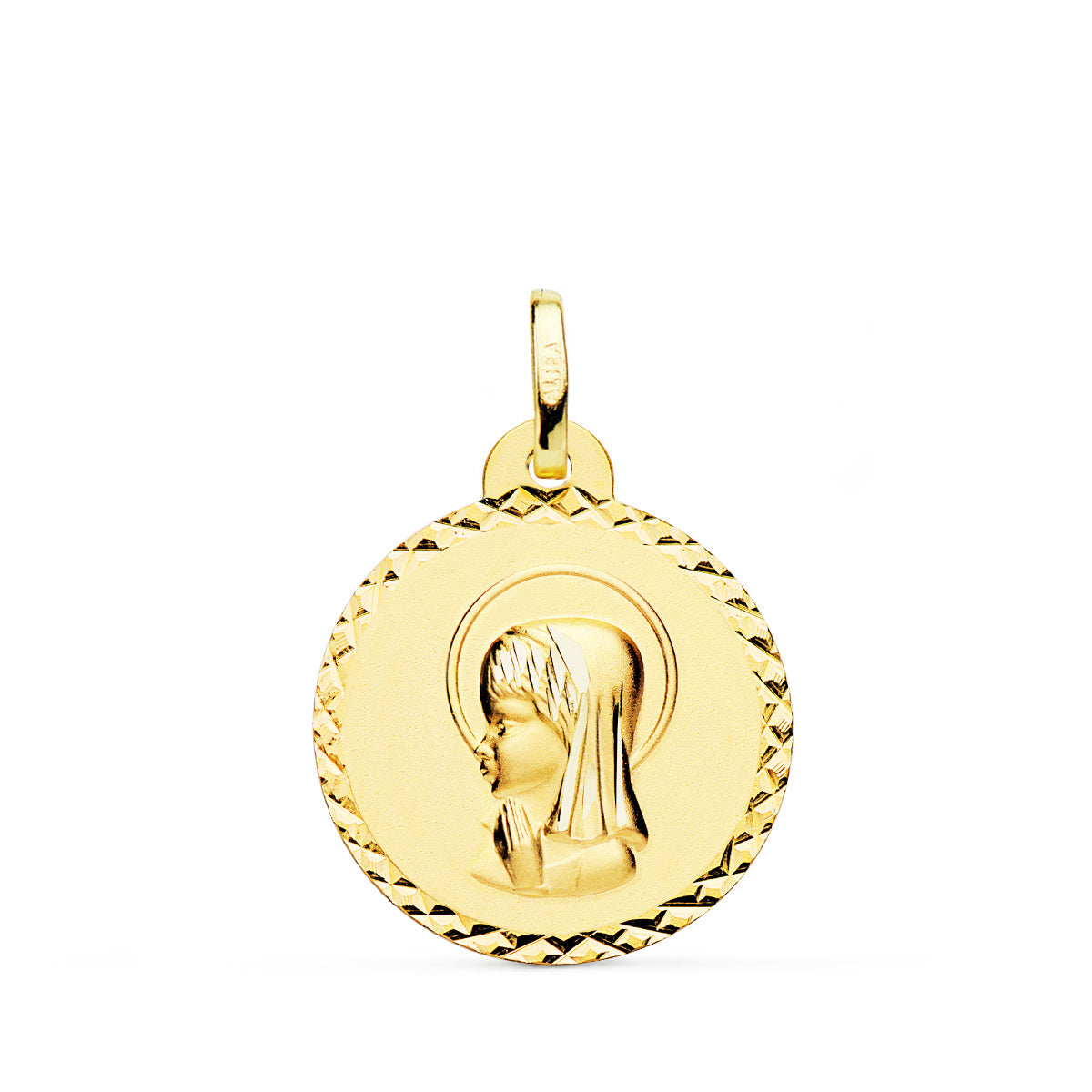 9K MEDALLA ORO AMARILLO VIRGEN NIÑA TALLA CRUZADA 20 MM