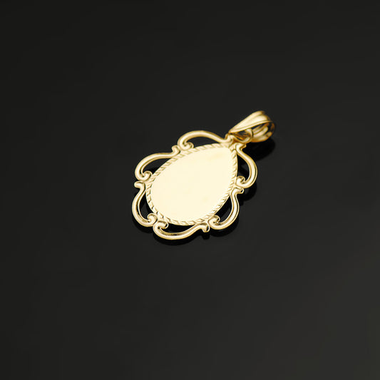 18K MEDALLA ORO AMARILLO VIRGEN NIÑA ESMALE BLANCO Y CERCO CALADO EN BRILLO 22X16 MM