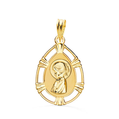 18K MEDALLA ORO AMARILLO VIRGEN NIÑA CERCO CALADO BRILLO FORMA GOTA 23X15 MM