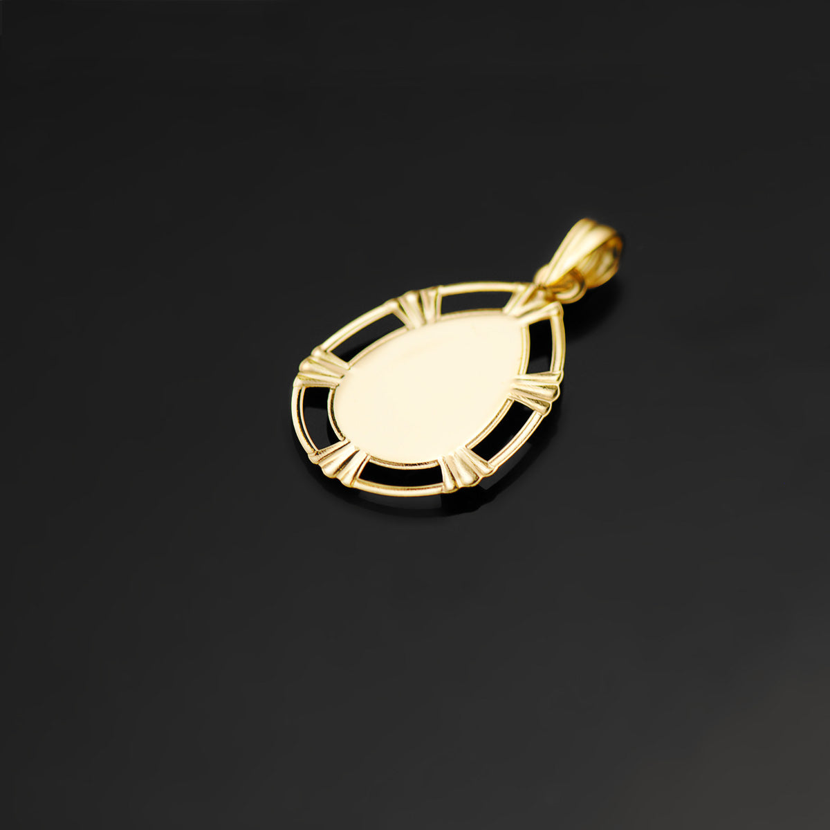 18K MEDALLA ORO AMARILLO VIRGEN NIÑA CERCO CALADO BRILLO FORMA GOTA 23X15 MM