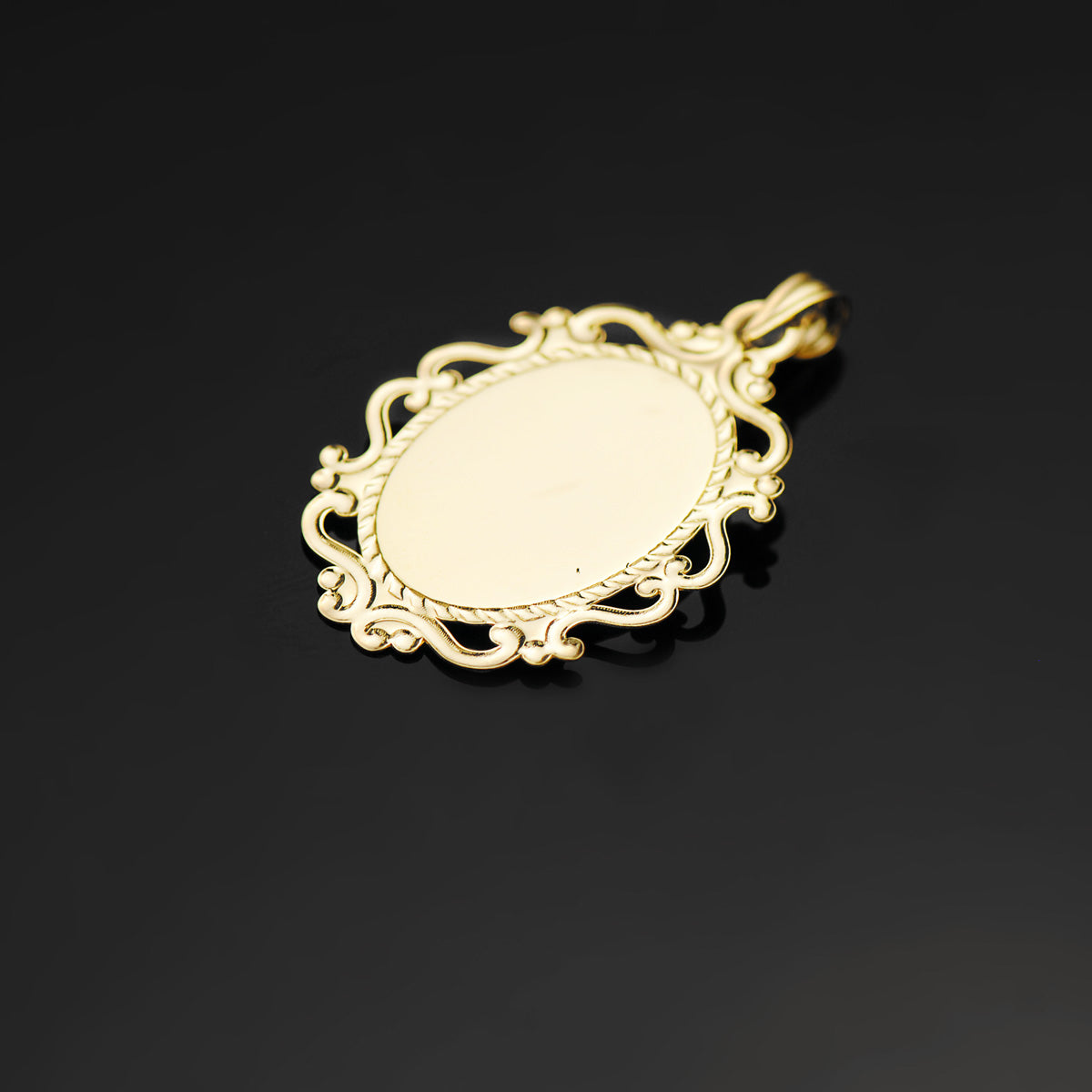18K MEDALLA ORO AMARILLO VIRGEN MILAGROSA CERCO FILIGRANA EN BRILLO FRANCES 23 X 16 MM