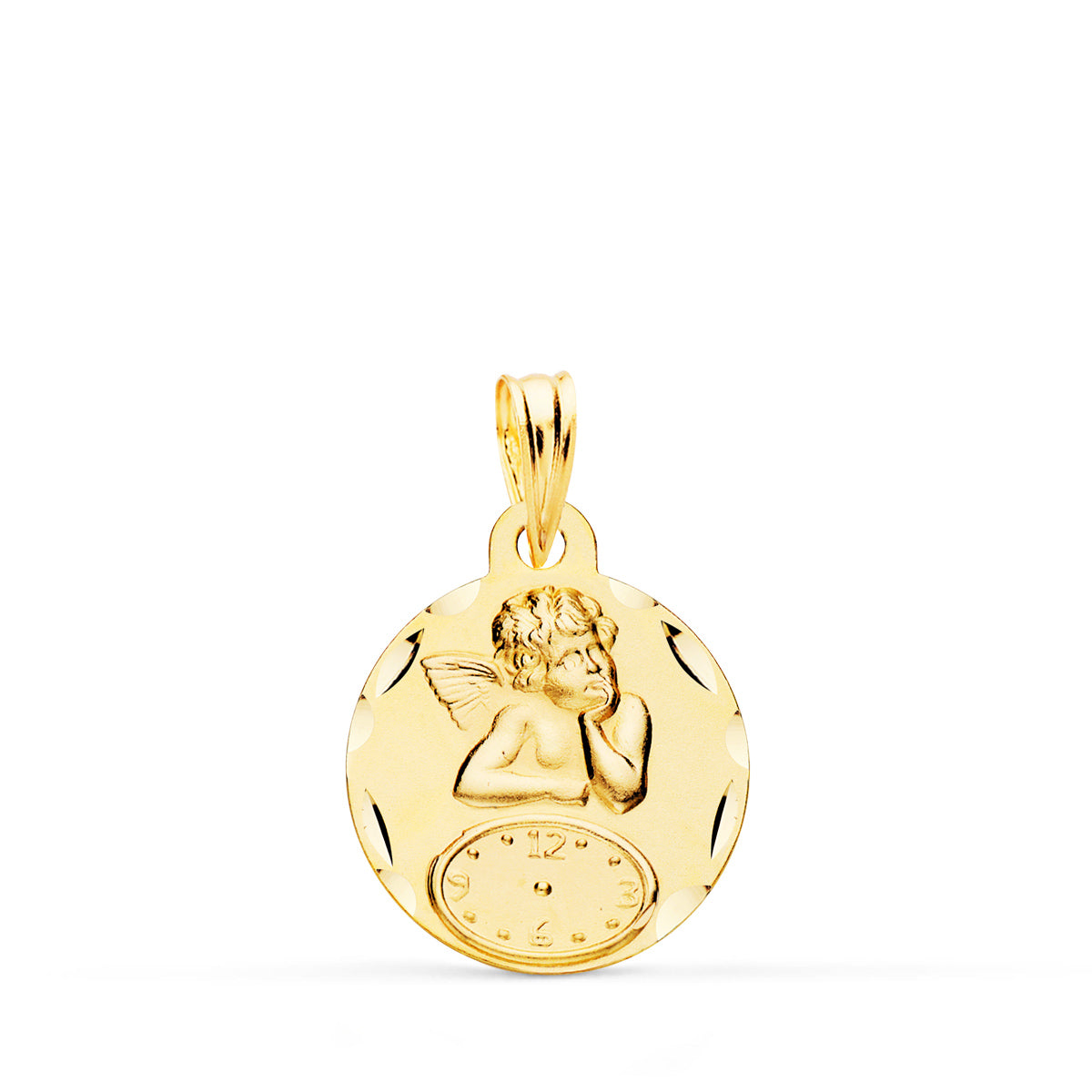 9K MEDALLA ORO AMARILLO REDONDA ANGELITO BURLON CON RELOJ TALLADA 15 MM