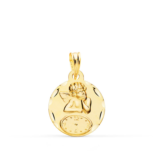 9K MEDALLA ORO AMARILLO REDONDA ANGELITO BURLON CON RELOJ TALLADA 15 MM
