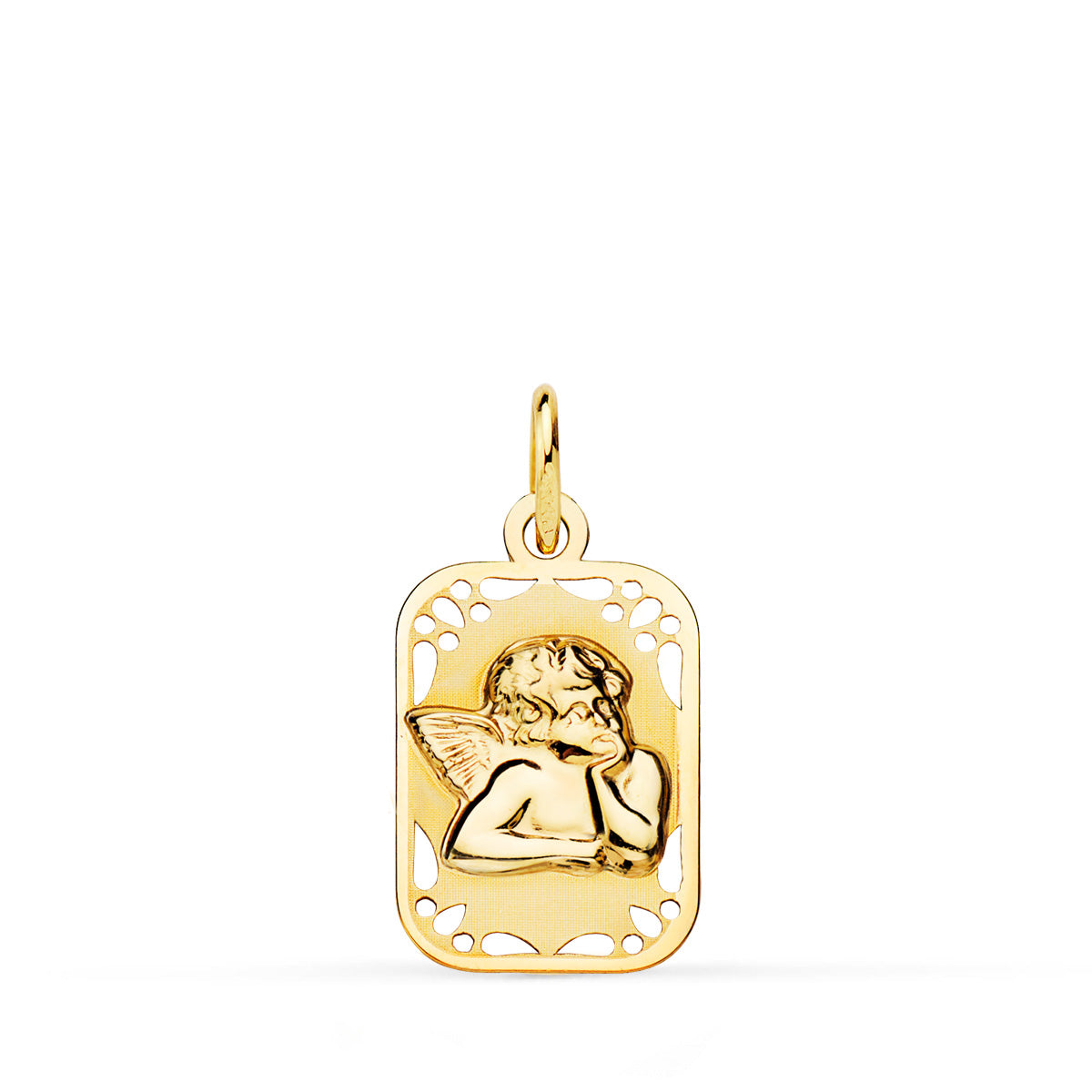 9K MEDALLA ORO AMARILLO RECTANGULAR ANGELITO BURLON BRILLO Y MATE 19X11 MM