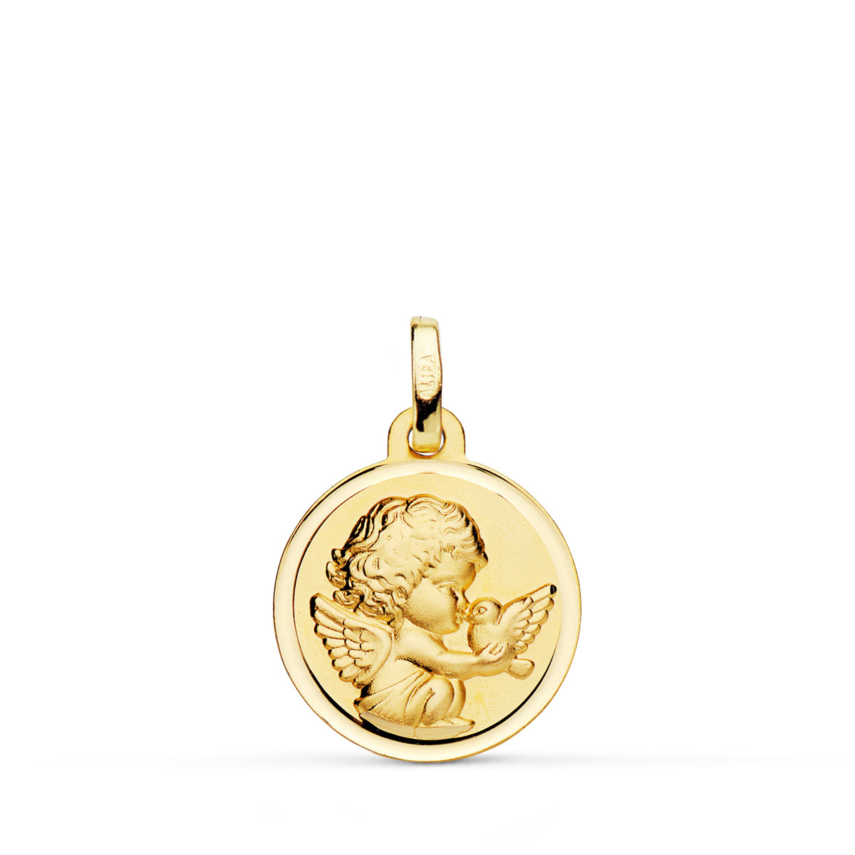 9K MEDALLA ORO AMARILLO ANGEL NIÑO BURLON CON PAJARO BISEL 16 MM