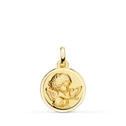 9K MEDALLA ORO AMARILLO ANGEL NIÑO BURLON CON PAJARO BISEL 16 MM