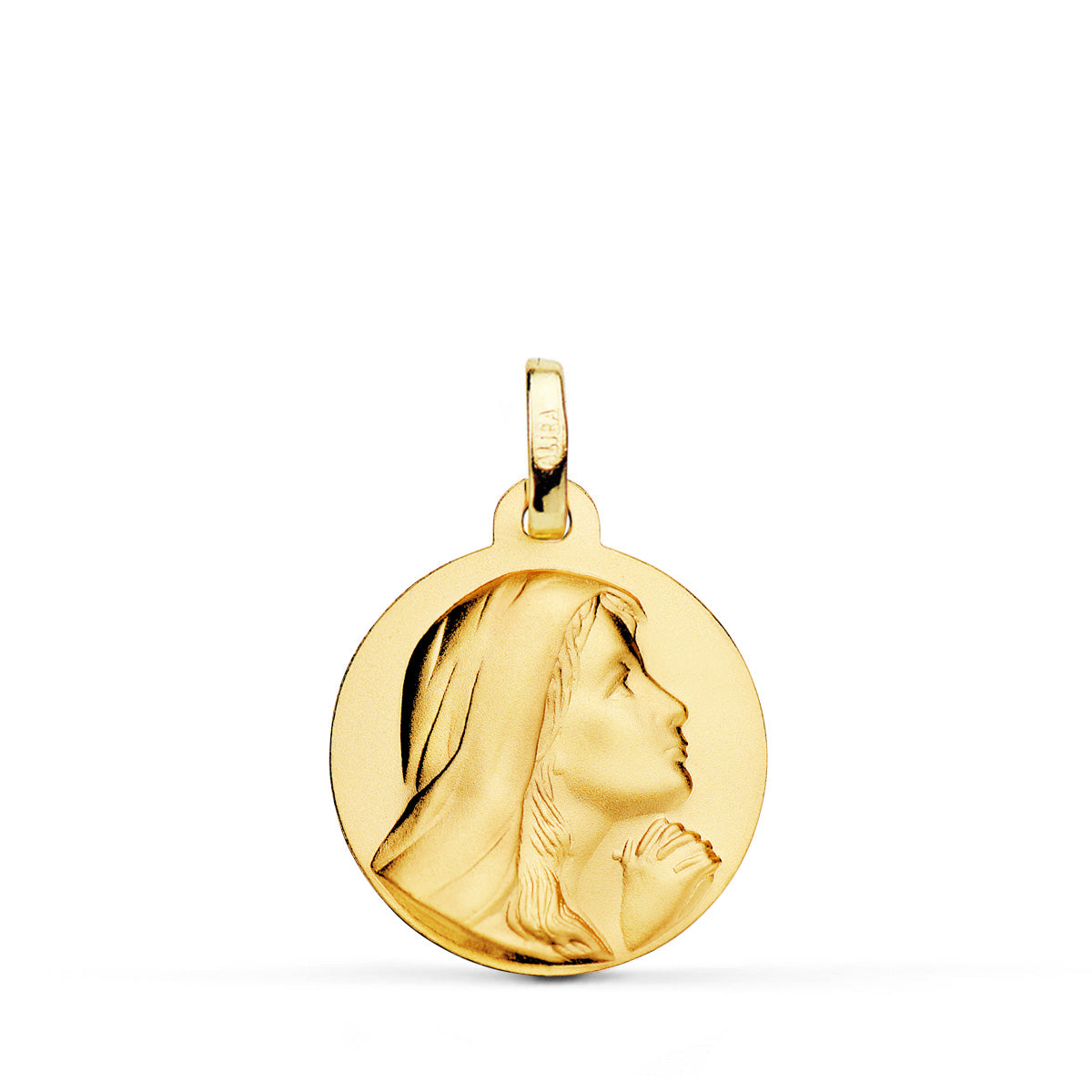 18K MEDALLA ORO AMARILLO VIRGEN MARIA REZANDO MATIZADA 18 MM