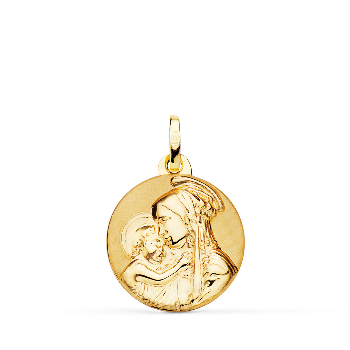 18K MEDALLA ORO AMARILLO MADRE DIVINA TERNURA BRILLO Y MATE 18 MM
