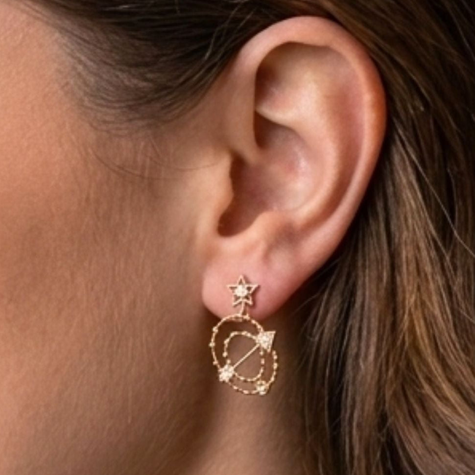 Pendientes Colgantes Zodiaco Sagitario | Acero Dorado Chapado Oro 14K con Circonitas
