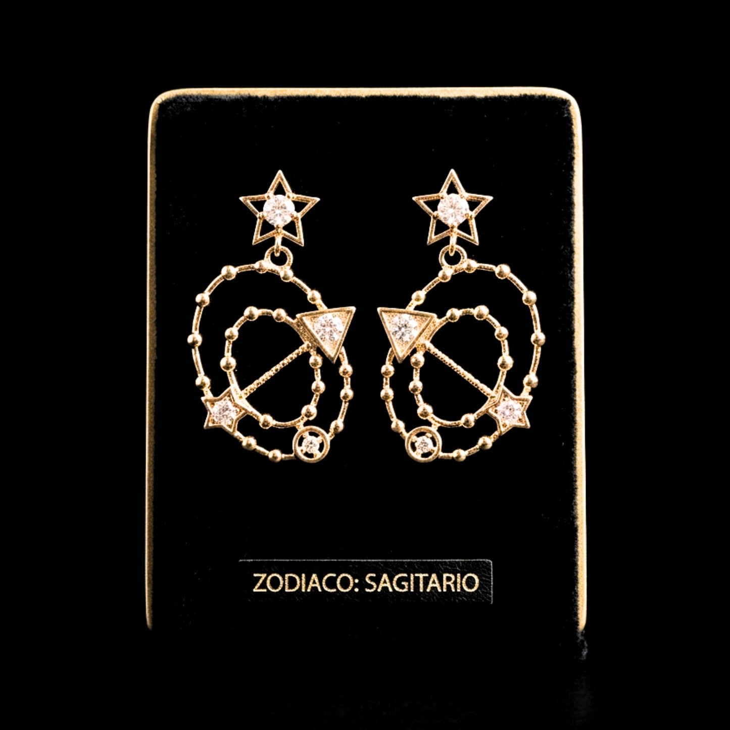 Pendientes Colgantes Zodiaco Sagitario | Acero Dorado Chapado Oro 14K con Circonitas