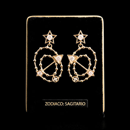 Pendientes Colgantes Zodiaco Sagitario | Acero Dorado Chapado Oro 14K con Circonitas