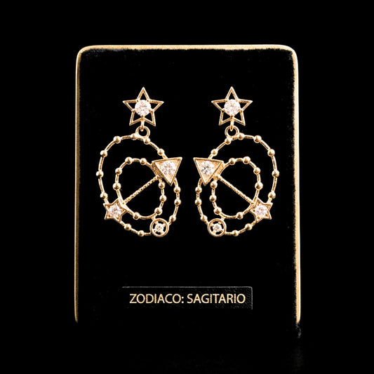 Pendientes Colgantes Zodiaco Sagitario | Acero Dorado Chapado Oro 14K con Circonitas
