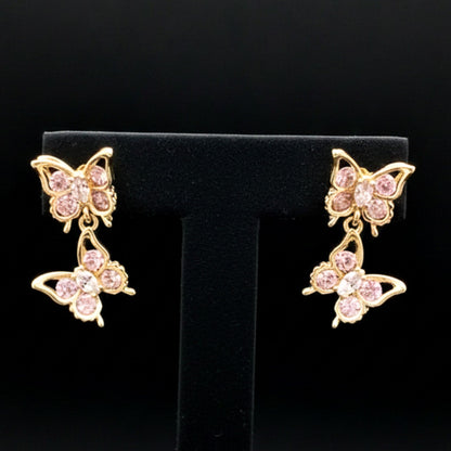 Pendientes Mariposa Acero Chapados orocon Circonitas Rosa y Blanca | Colgante 18mm