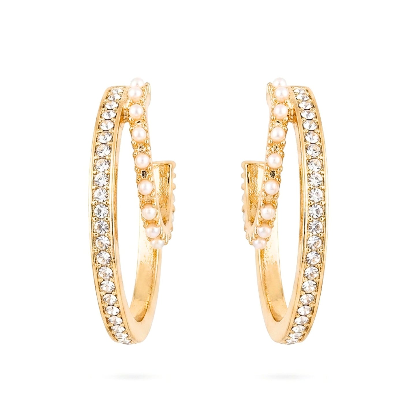 Pendientes aros argollas acero inoxidable dorado chapado oro 14ktes circonitas blancas engastadas perlas redondas mujer diseño joyería osnor moda moderno elegante boda fiesta glamour lujo elegante diario 