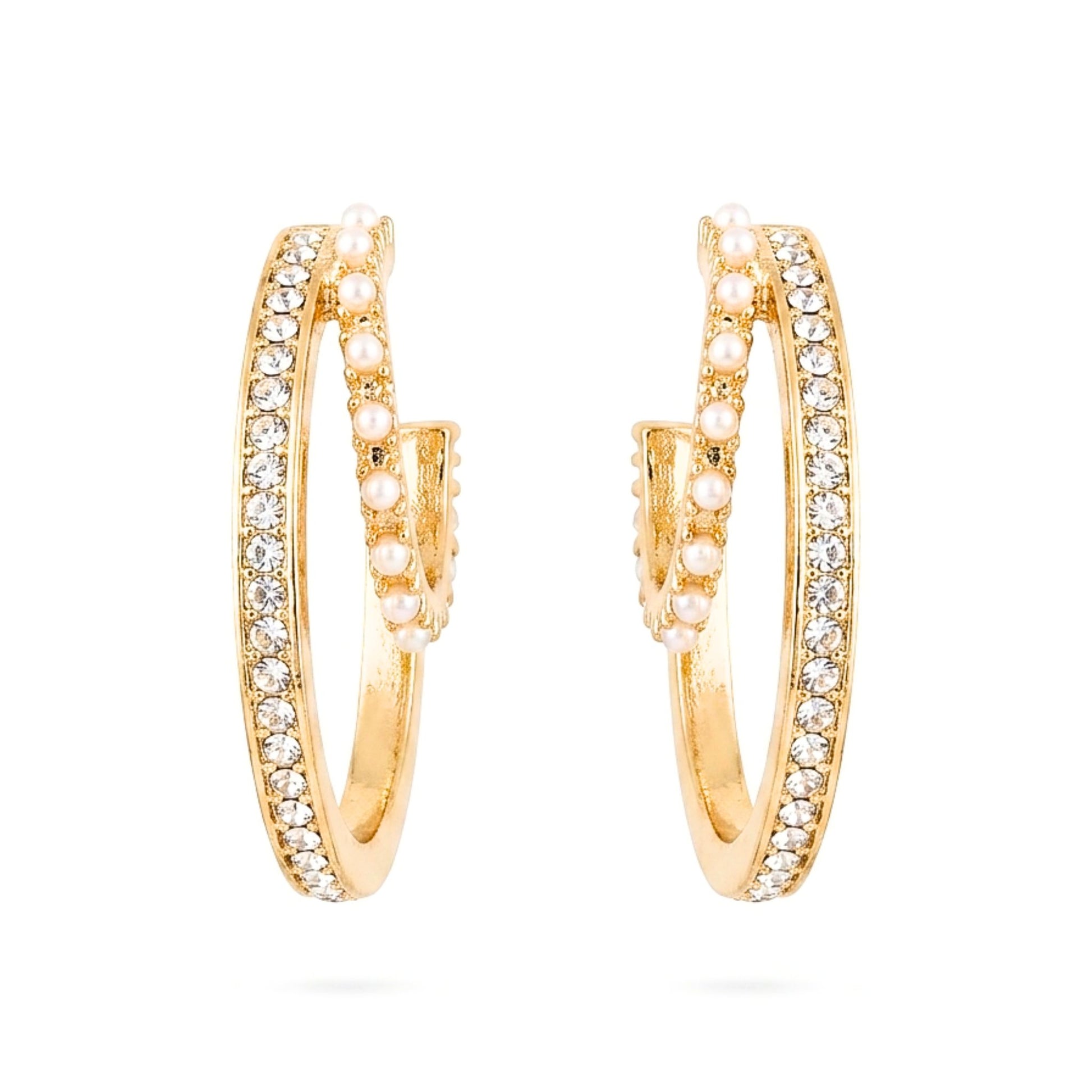 Pendientes aros argollas acero inoxidable dorado chapado oro 14ktes circonitas blancas engastadas perlas redondas mujer diseño joyería osnor moda moderno elegante boda fiesta glamour lujo elegante diario 