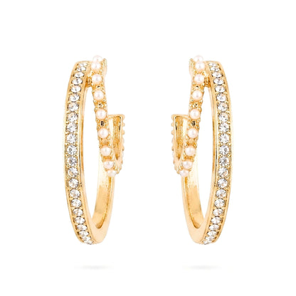 Pendientes aros argollas acero inoxidable dorado chapado oro 14ktes circonitas blancas engastadas perlas redondas mujer diseño joyería osnor moda moderno elegante boda fiesta glamour lujo elegante diario 