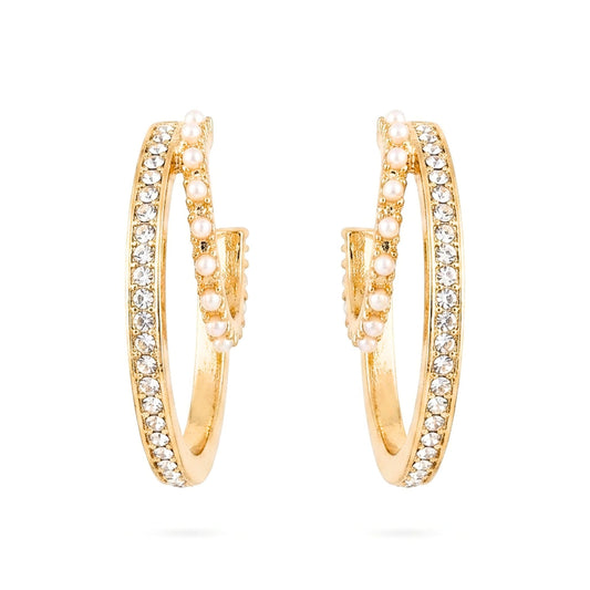 Pendientes aros argollas acero inoxidable dorado chapado oro 14ktes circonitas blancas engastadas perlas redondas mujer diseño joyería osnor moda moderno elegante boda fiesta glamour lujo elegante diario 