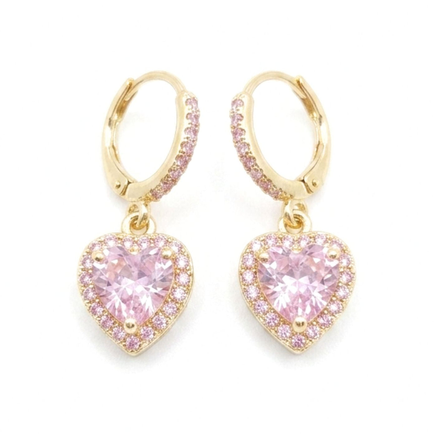 Pendientes aros argollas acero inoxidable dorado chapado oro 14ktes circonitas blancas y rosa corazón moda moderno elegante boda fiesta fashion glamour lujo mujer largo diseño mujer joyería osnor 