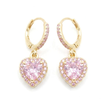 Pendientes aros argollas acero inoxidable dorado chapado oro 14ktes circonitas blancas y rosa corazón moda moderno elegante boda fiesta fashion glamour lujo mujer largo diseño mujer joyería osnor 