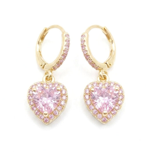 Pendientes aros argollas acero inoxidable dorado chapado oro 14ktes circonitas blancas y rosa corazón moda moderno elegante boda fiesta fashion glamour lujo mujer largo diseño mujer joyería osnor 