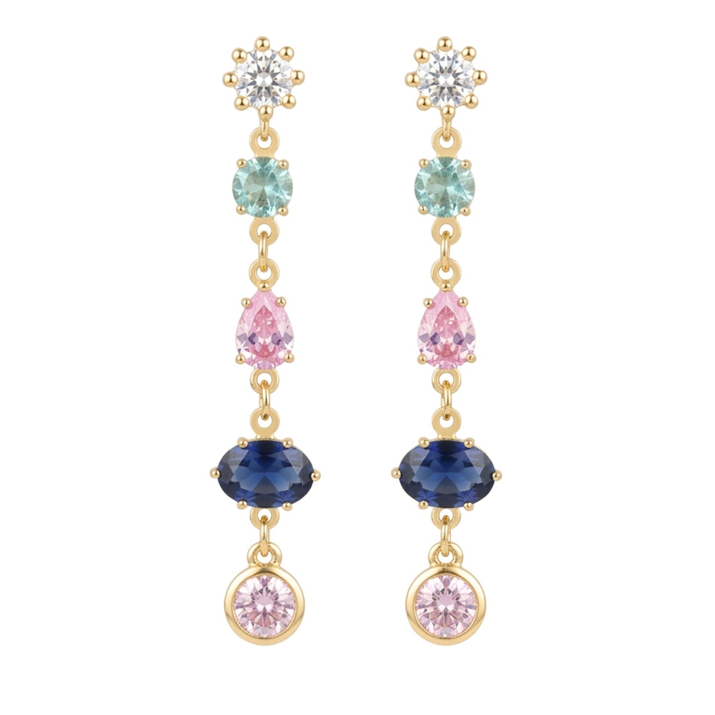 Pendientes Acero inoxidable dorado chapado oro 14ktes circonitas color engastadas largo diseño mujer joyería osnor moda 