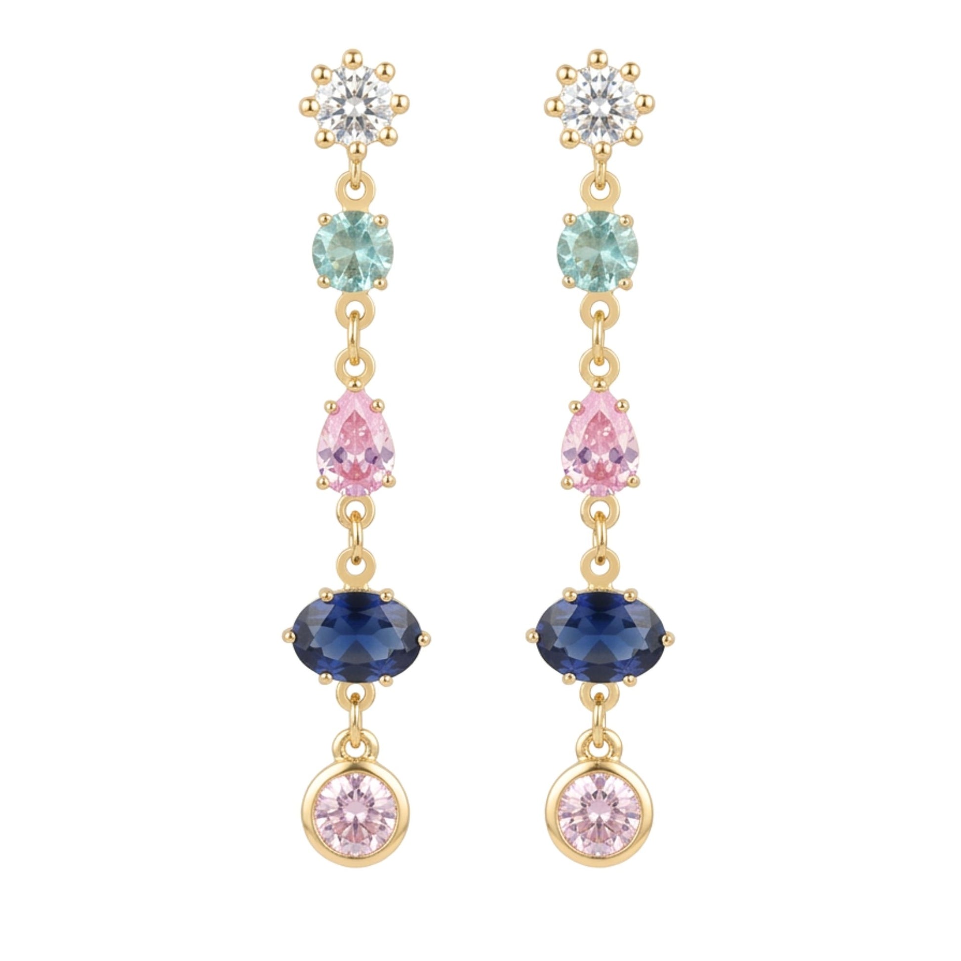 Pendientes Acero inoxidable dorado chapado oro 14ktes circonitas color engastadas largo diseño mujer joyería osnor moda 