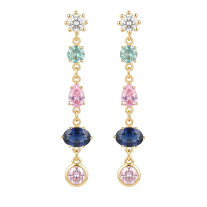 Pendientes Acero inoxidable dorado chapado oro 14ktes circonitas color engastadas largo diseño mujer joyería osnor moda 