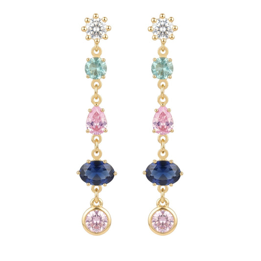 Pendientes Acero inoxidable dorado chapado oro 14ktes circonitas color engastadas largo diseño mujer joyería osnor moda 
