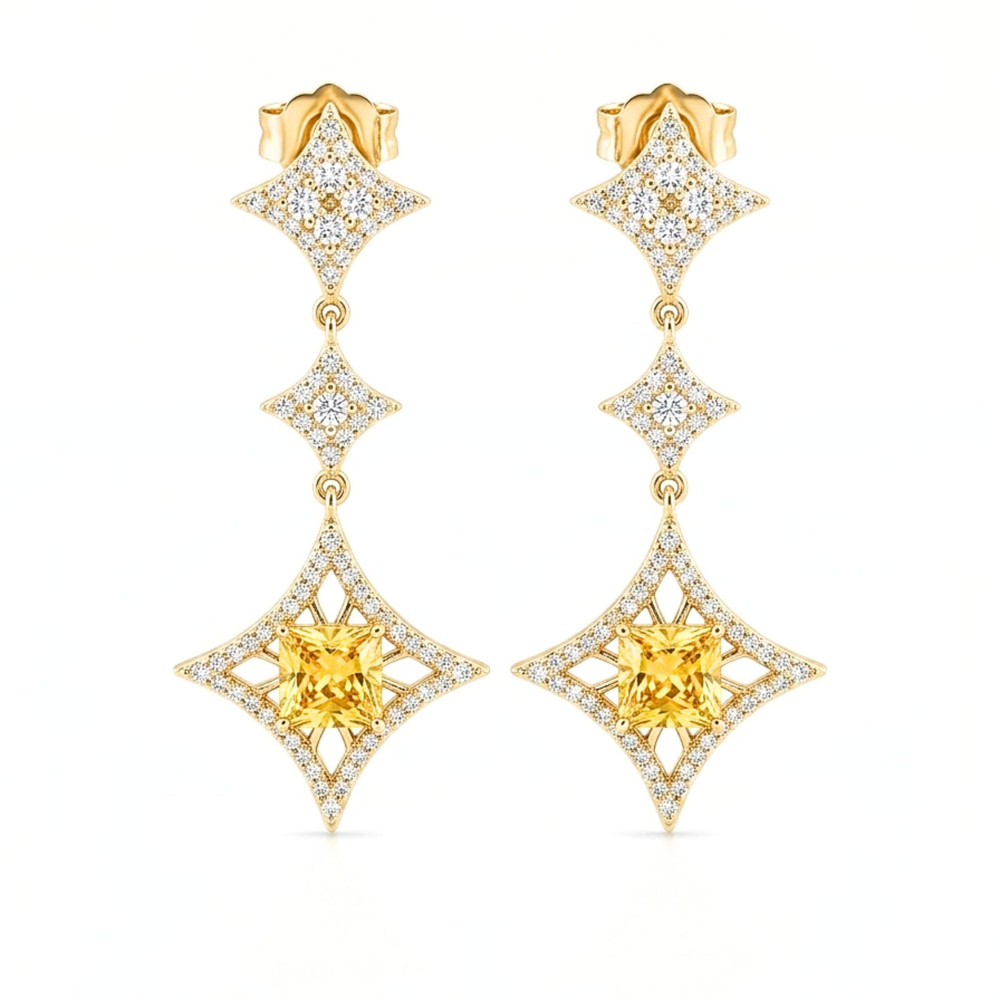 Pendientes Acero inoxidable dorado chapado oro 14ktes circonitas blancas engastadas cierre presion largo boda fiesta fashion glamour lujo elegante diario diseño joyería osnor moda 