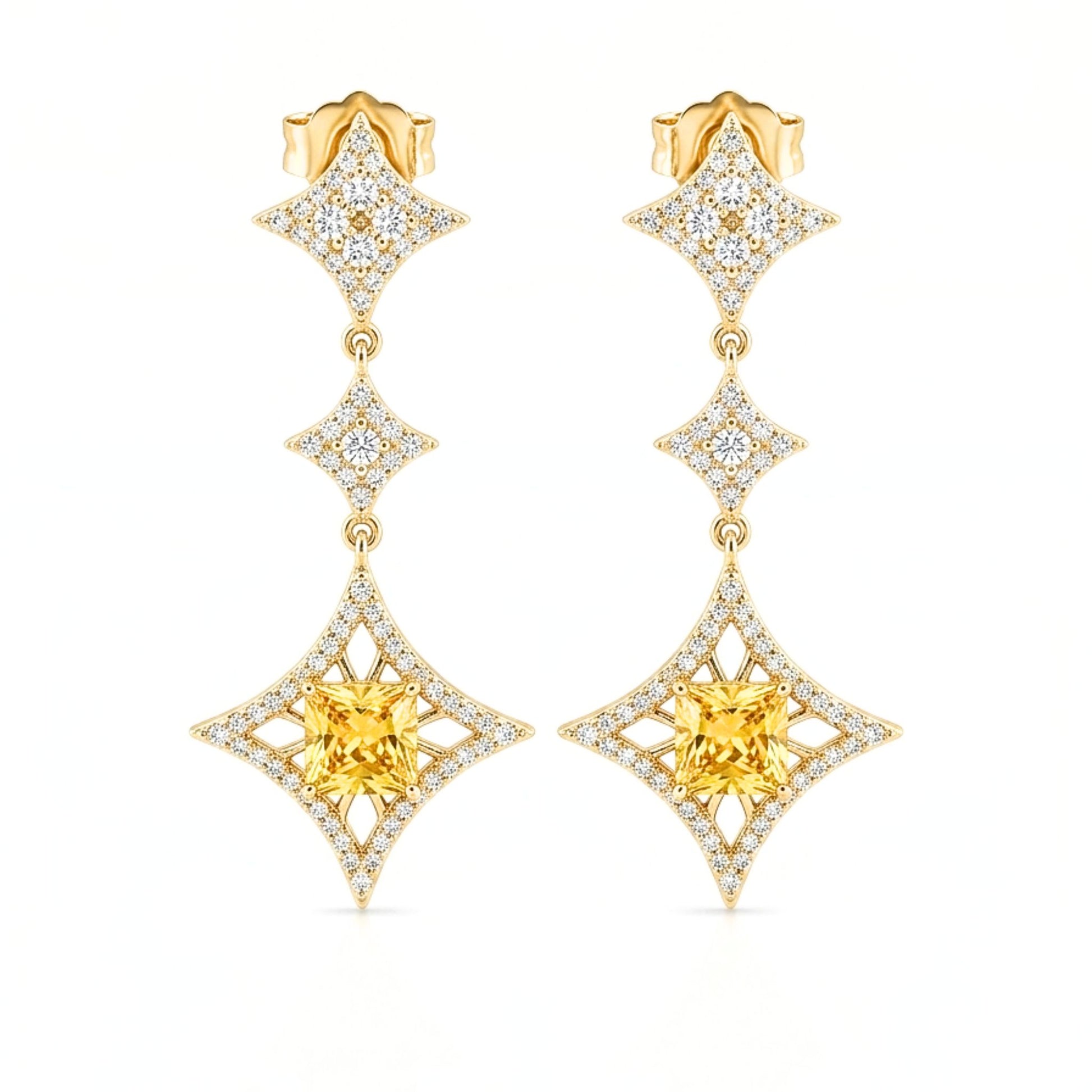 Pendientes Acero inoxidable dorado chapado oro 14ktes circonitas blancas engastadas cierre presion largo boda fiesta fashion glamour lujo elegante diario diseño joyería osnor moda 