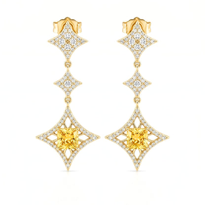 Pendientes Acero inoxidable dorado chapado oro 14ktes circonitas blancas engastadas cierre presion largo boda fiesta fashion glamour lujo elegante diario diseño joyería osnor moda 