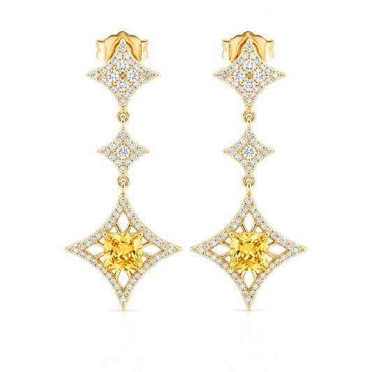Pendientes Acero inoxidable dorado chapado oro 14ktes circonitas blancas engastadas cierre presion largo boda fiesta fashion glamour lujo elegante diario diseño joyería osnor moda 