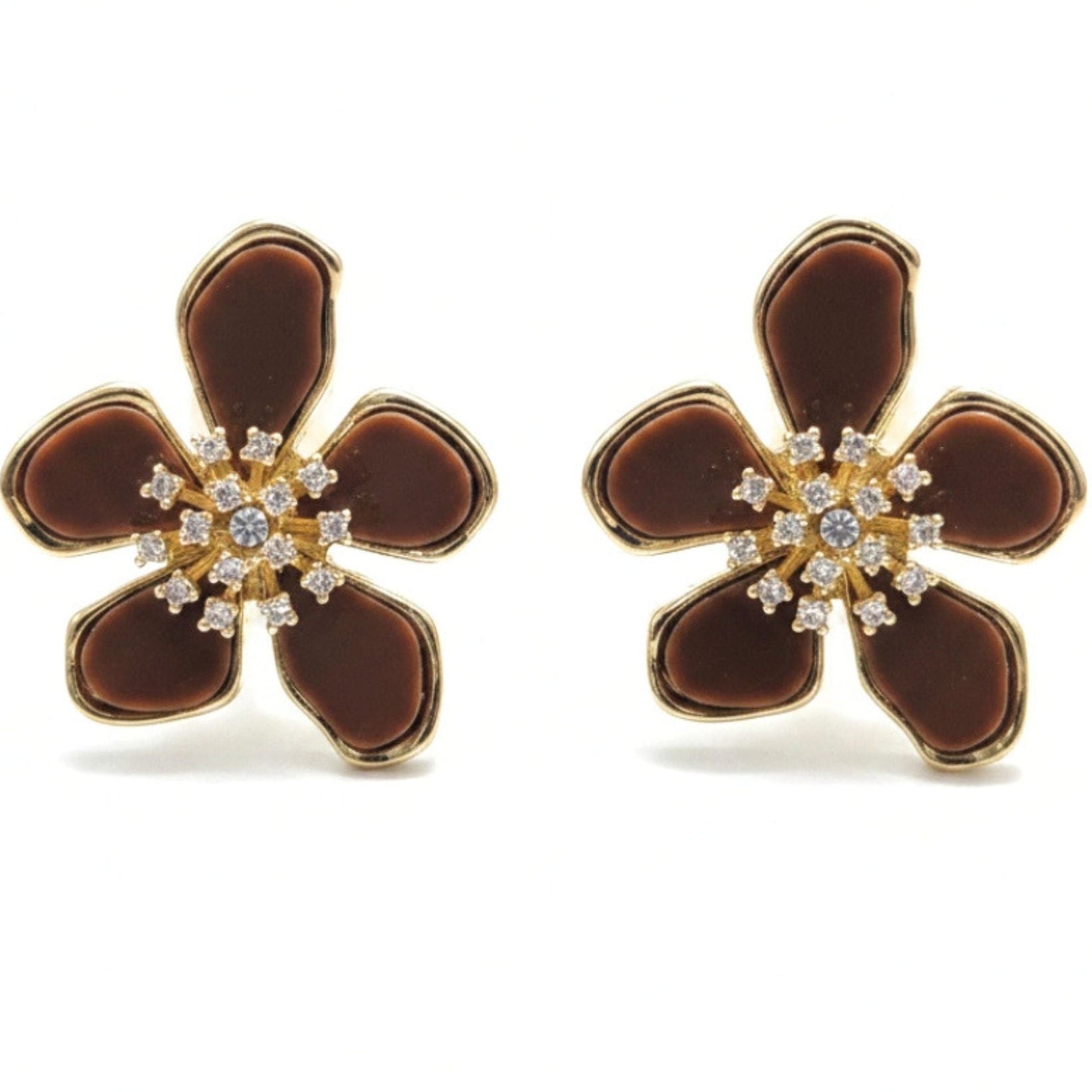 Pendientes acero inoxidable dorado chapado oro 14ktes circonitas blancas engastadas diseño mujer joyería osnor flor