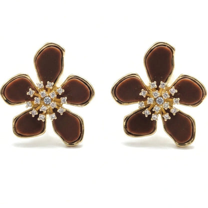 Pendientes acero inoxidable dorado chapado oro 14ktes circonitas blancas engastadas diseño mujer joyería osnor flor