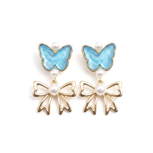 Pendientes Acero inoxidable dorado chapado oro 14ktes cierre presion mariposa nácar azul lazo dorado brillo perla diseño joyería osnor moda 