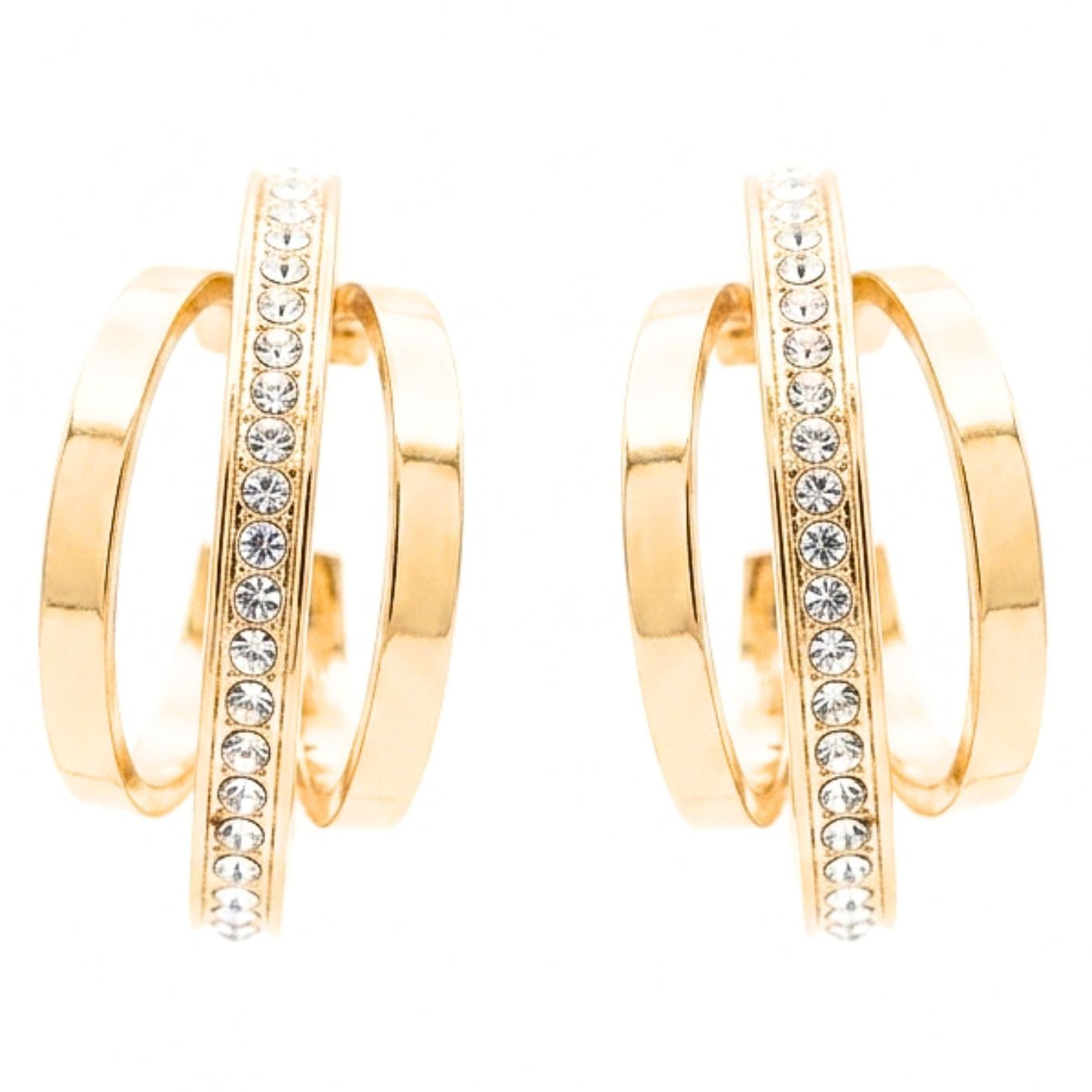 Pendientes Acero inoxidable dorado chapado oro 14ktes circonitas blancas engastadas diseño joyería osnor moda moderno elegante boda fiesta glamour lujo volumen diferente 