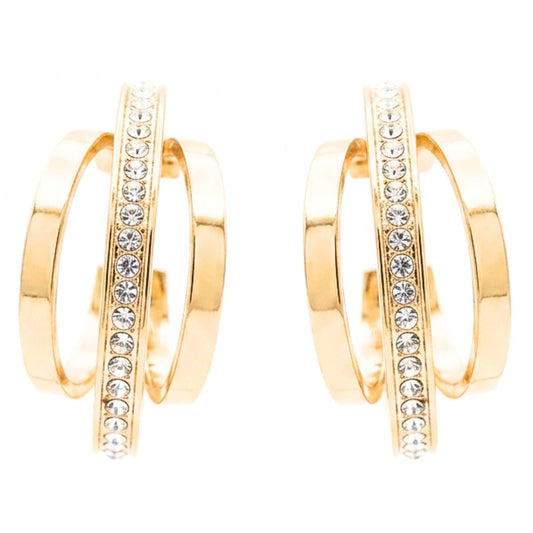 Pendientes Acero inoxidable dorado chapado oro 14ktes circonitas blancas engastadas diseño joyería osnor moda moderno elegante boda fiesta glamour lujo volumen diferente 