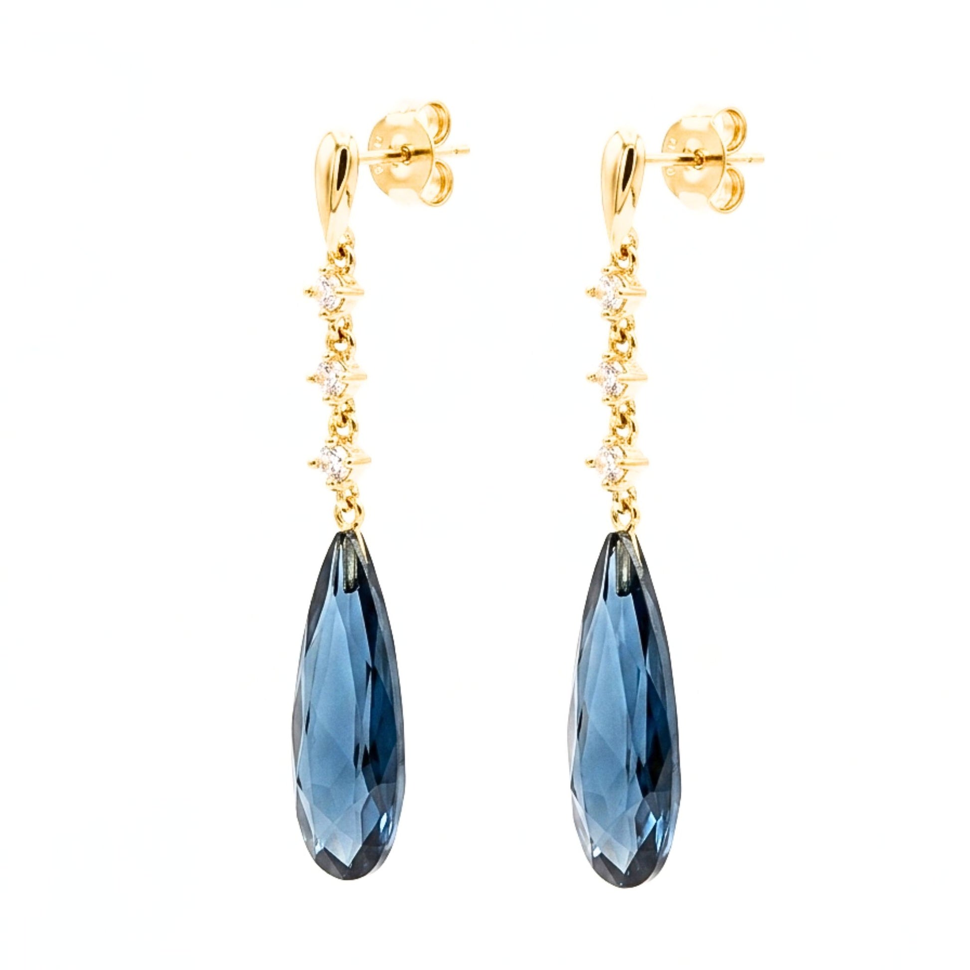 Pendientes Acero inoxidable dorado chapado oro 14ktes circonitas blancas engastadas y azul gota cierre presion largo volumen boda diseño joyería osnor moda moderno fiesta fashion glamour lujo elegante diario boda 